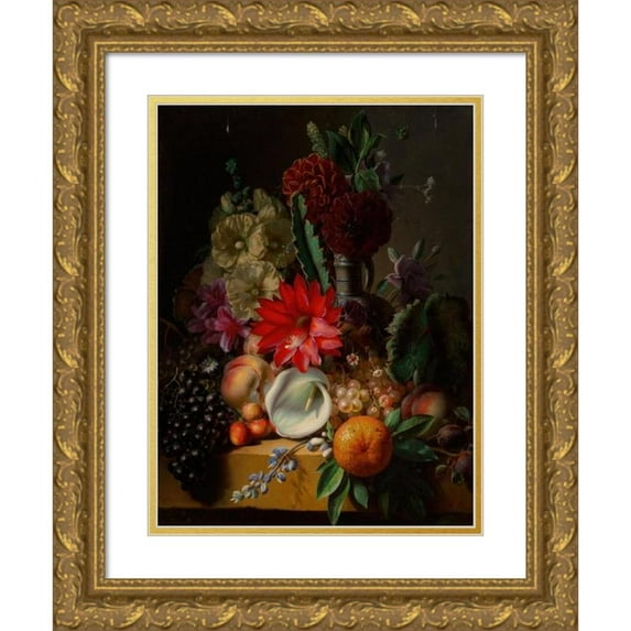 Jean-Baptiste Robie 12x14 Gold Ornate Wood Frame and Double Matted Museum Art Print Titled - Still Life with Flowers and Fruit on a Ledge (1849)