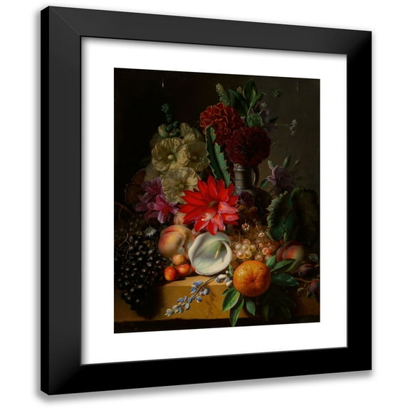 Jean-Baptiste Robie 15x18 Black Modern Framed Museum Art Print Titled - Still Life with Flowers and Fruit on a Ledge (1849)