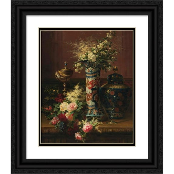 Jean-Baptiste Robie 15x18 Black Ornate Wood Framed Double Matted Museum Art Print Titled - Roses, Peonies and Forget-Me-Nots in a Japanese Vase (1870)