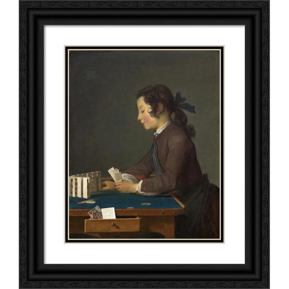 Jean-Baptiste-Siméon Chardin 12x14 Black Ornate Wood Framed Double Matted Museum Art Print Titled: The House of Cards (Probably 1737)