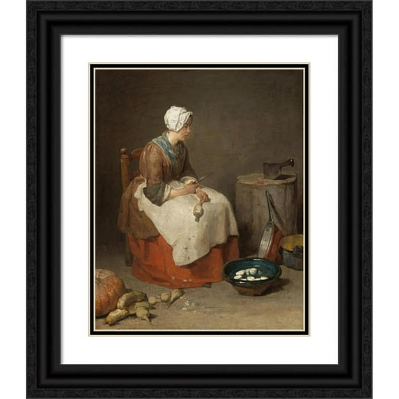 Jean-Baptiste-Siméon Chardin 12x14 Black Ornate Wood Framed Double Matted Museum Art Print Titled: The Kitchen Maid (1738)