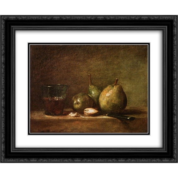 Jean Baptiste Simeon Chardin 2x Matted 24x20 Black Ornate Framed Art Print 'Pears, Walnuts and Glass of Wine'