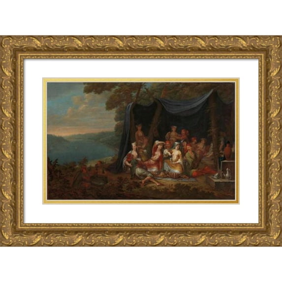 Jean Baptiste Vanmour 14x11 Gold Ornate Wood Frame and Double Matted Museum Art Print Titled - Country Feast with Turkish Brokers Under a Tent (C. 1720 - C. 1737)
