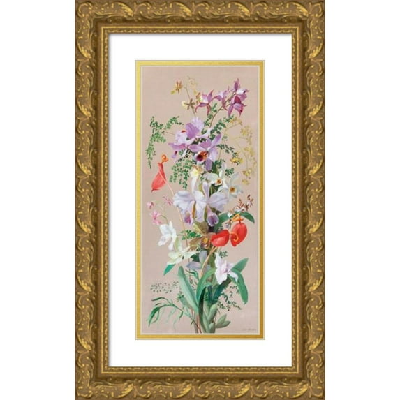 Jean Benner 10x18 Gold Ornate Wood Frame and Double Matted Museum Art Print Titled - Still Life with Flowers