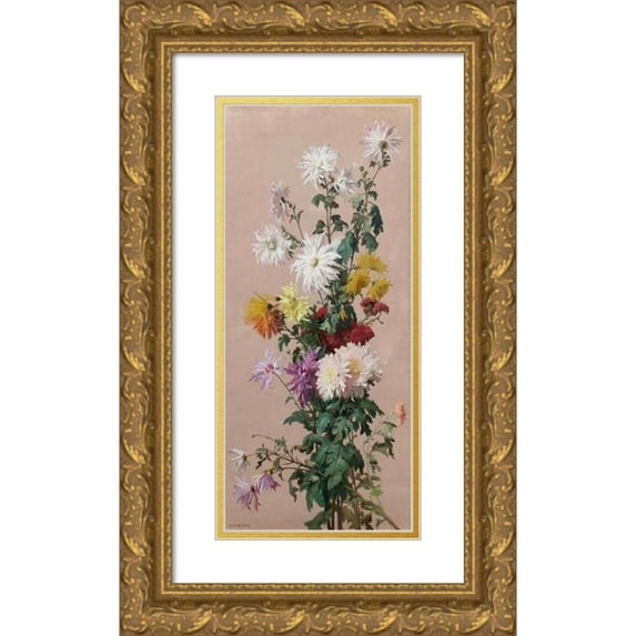 Jean Benner 8x14 Gold Ornate Wood Frame and Double Matted Museum Art Print Titled - Still Life with Flowers.