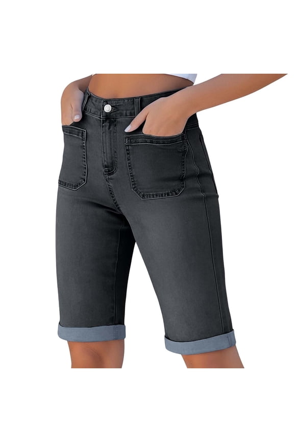 Jean Bermuda Shorts Women High Waisted Patch Pocket Knee Length Fold Hem Casual Stretchy Denim Long Shorts