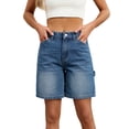 thumbnail image 1 of Jean Bermuda Shorts for Women Elastic Waist Distressed Hem Knee Length Stretchy Denim Long Shorts Summer Casual Jorts, 1 of 6