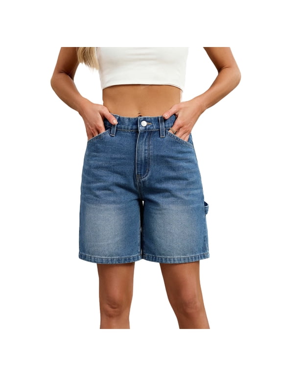 Jean Bermuda Shorts for Women Elastic Waist Distressed Hem Knee Length Stretchy Denim Long Shorts Summer Casual Jorts