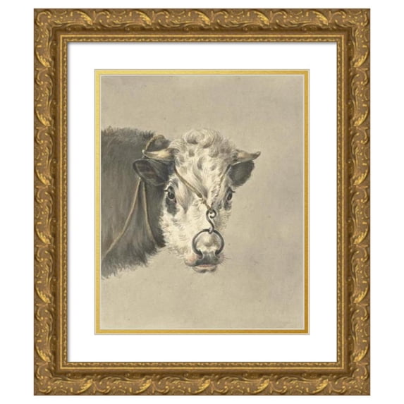 Jean Bernard 15x18 Gold Ornate Wood Frame and Double Matted Museum Art Print Titled - Head of a Cow, with a Ring Through the Nose, from the Front (1820)
