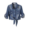 thumbnail image 1 of Jean Biker Coat Women's 3/4 Sleeve Denim Cardigan Cropped Tops Tie Knot Button up Shirt Jackets Jean Shirt Dark Blue XXL, 1 of 6