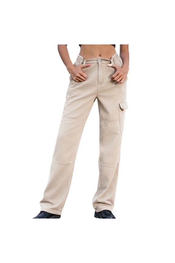 Jean Bootleg Pants for Women High Waist Straight Leg Bootcut Jeans Multi-Pockets Cargo Pants Casual Wide Leg Trousers
