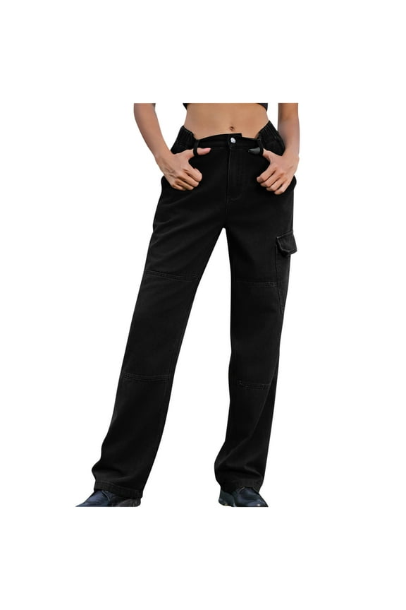 Jean Bootleg Pants for Women High Waist Straight Leg Bootcut Jeans Multi-Pockets Cargo Pants Casual Wide Leg Trousers