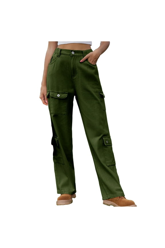 Jean Bootleg Pants for Women High Waist Straight Leg Bootcut Jeans Multi-Pockets Cargo Pants Casual Wide Leg Trousers