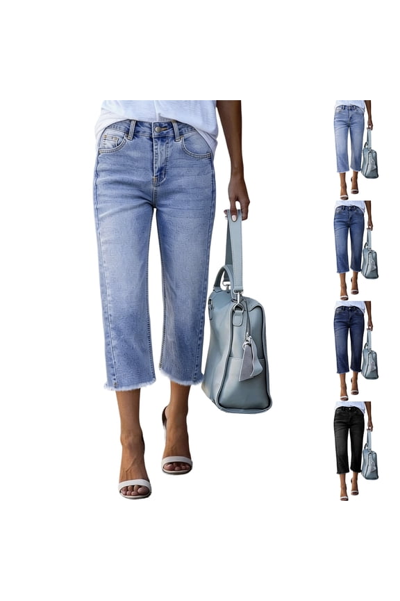 Jean Capris for Women Stretchy Raw Hem Straight Leg Cropped Jeans Baggy High Waisted Boyfriend Denim Capri Pants Sky Blue L