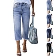 thumbnail image 1 of Jean Capris for Women Stretchy Raw Hem Straight Leg Cropped Jeans Baggy High Waisted Denim Capri Pants Light Blue L, 1 of 6
