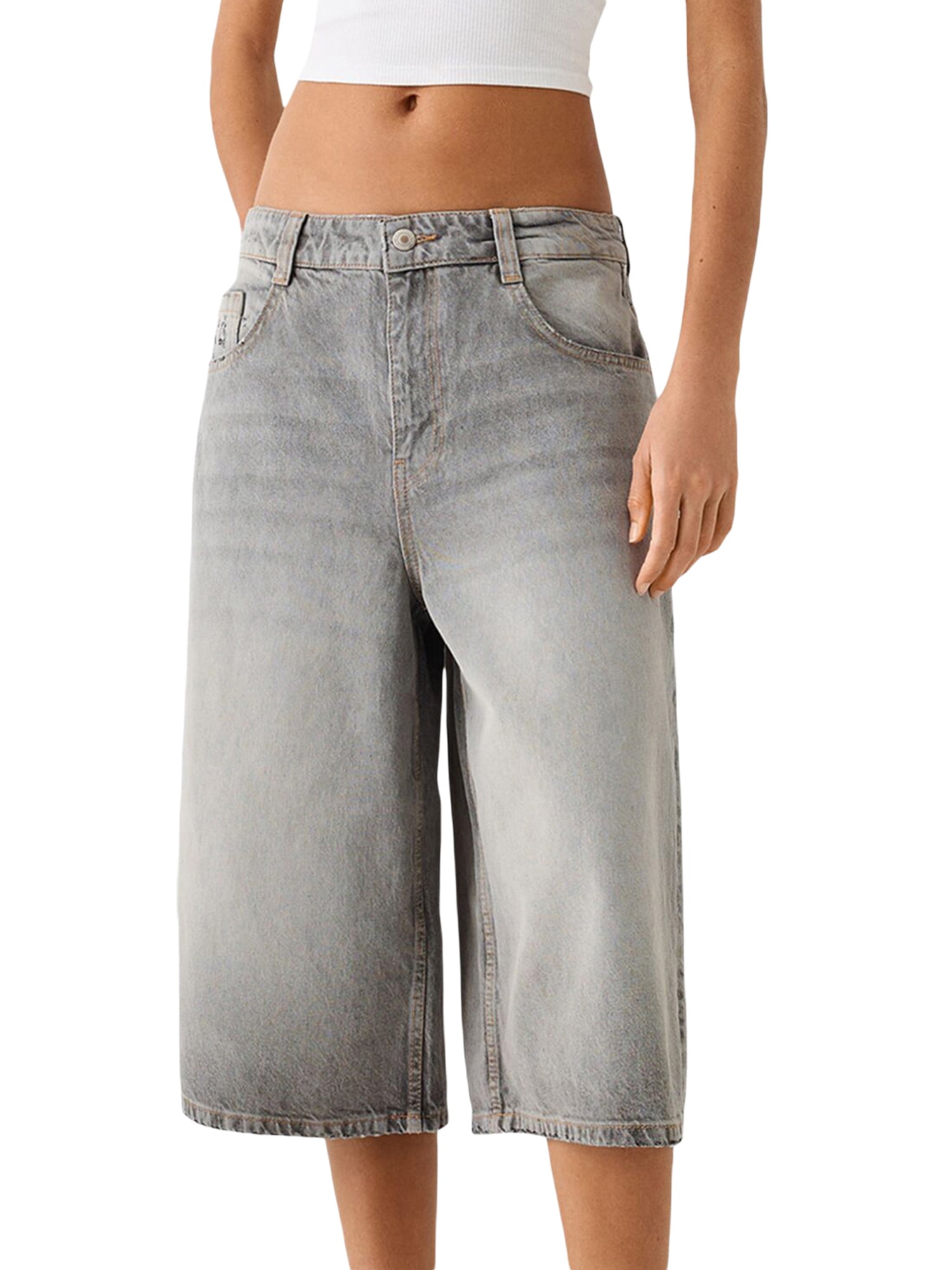 Jean Capris for Women Wide Leg Jeans High Waisted Seamed Front Raw Hem