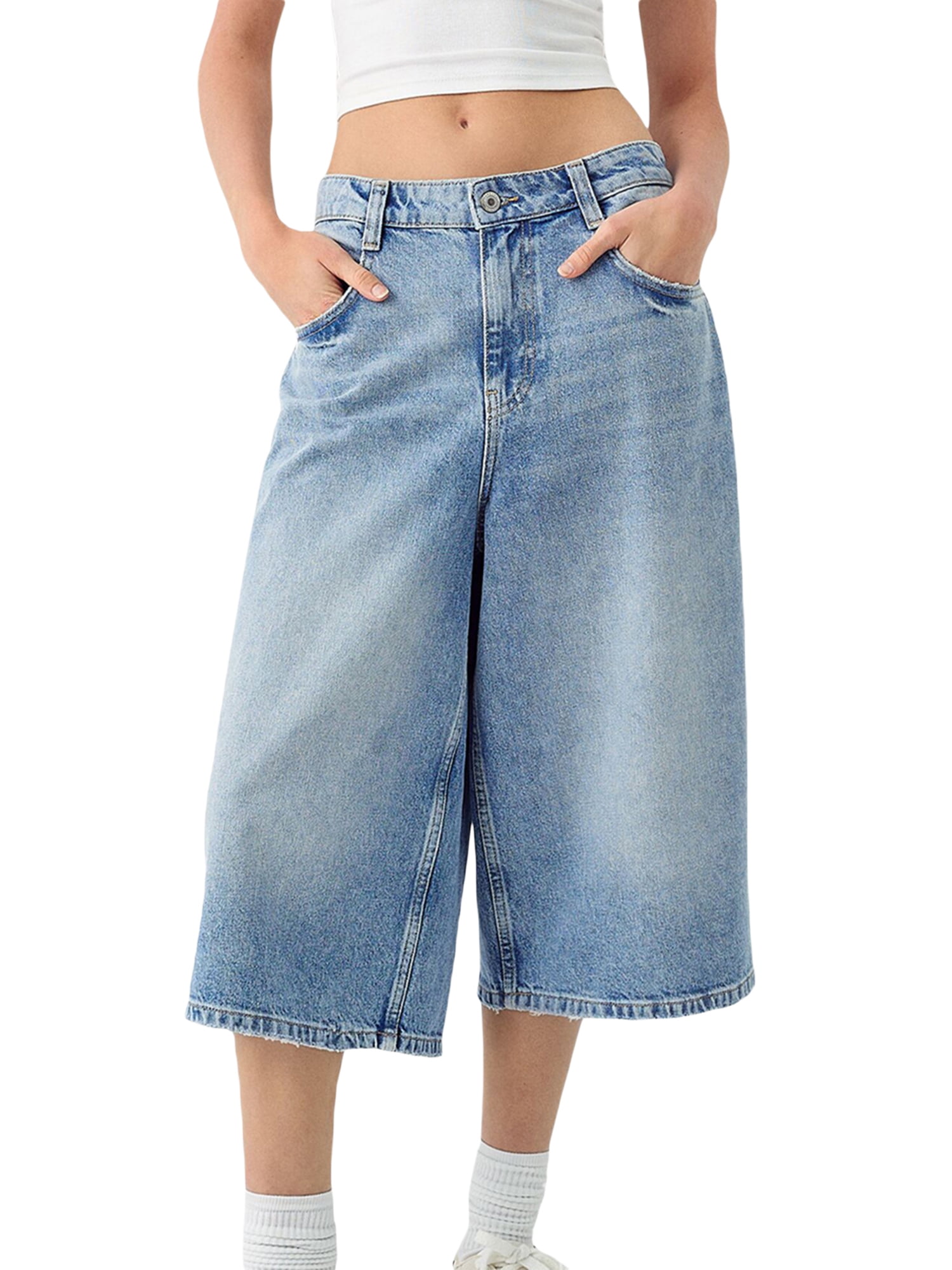 Jean Capris for Women Wide Leg Jeans High Waisted Seamed Front Raw Hem