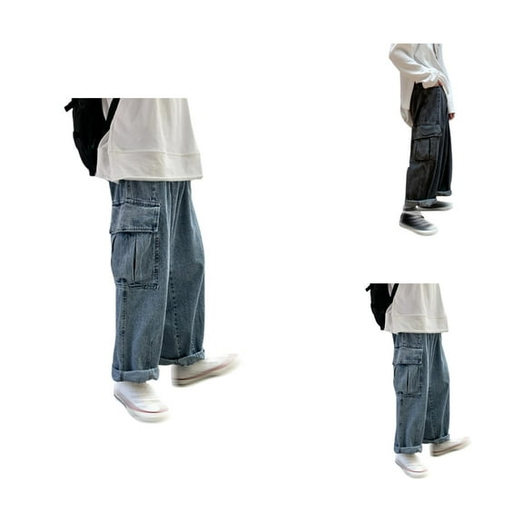Jean Cargo Pants for Men 2025 Loose Fit Wide Leg Casual Cargo Denim Pants with Pockets Streetwear Mens Trousers
