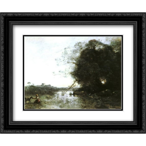 Jean Corot 2x Matted 24x20 Black Ornate Framed Art Print 'Le Marais Au Grand Arbre Et A La Chevriere'