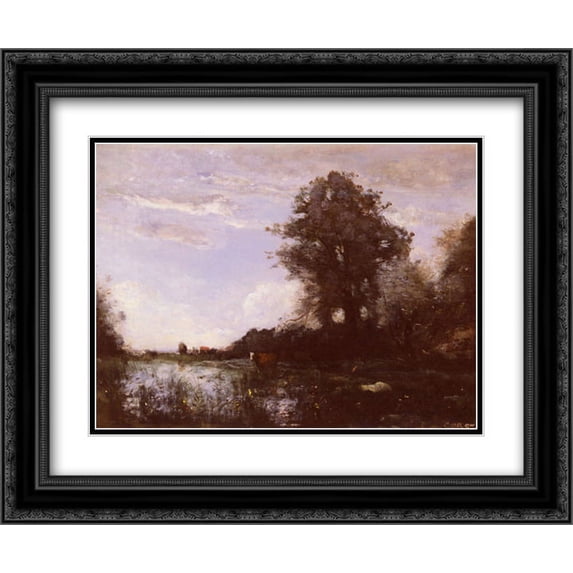 Jean Corot 2x Matted 24x20 Black Ornate Framed Art Print 'Marais De Cuicy, Pres Douai'