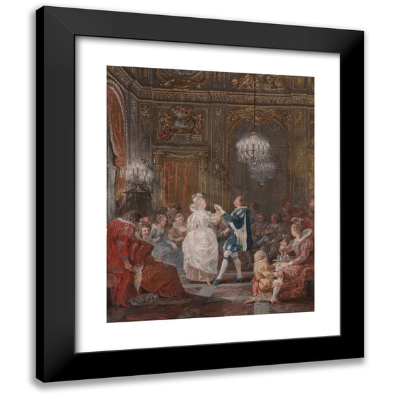 Jean Démosthène Dugourc 12x14 Black Modern Framed Museum Art Print Titled - A Party in a Louis XVI Interior Lit by a Candelabra and a Torchere, with a Couple Dancing the Minuet