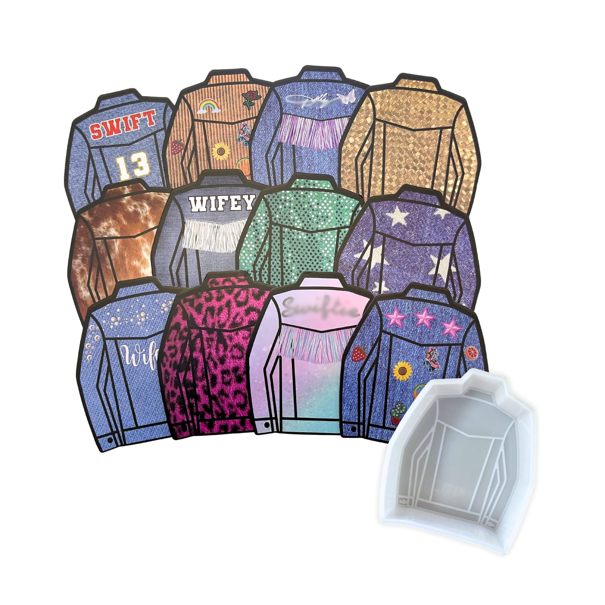 Jean Denim Jacket Car Freshie Cardstock Cutouts 3.2 x 3.8 inch  12 pk MIXED Designs Trendy Cute for Scented Aroma Bead Bake Oven Safe Fits Country Fringe Silicone Mold Cardstock + Silicone Mold