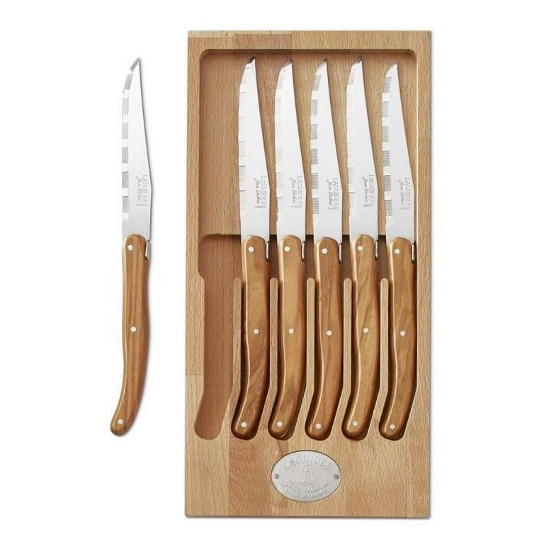 Jean Dubost 6 Steak Knives with Rustic Range Olive Wood Handles in A Box, Made in France