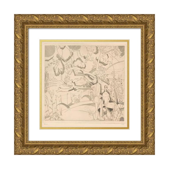 Jean Emile Laboureur 15x15 Gold Ornate Wood Frame and Double Matted Museum Art Print Titled - Resting Tennis Players at Perenboom