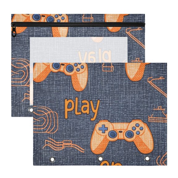 Jean Fabric Cartoon Gamepads 3-Ring Binder Pouches A4 Size Zipper Pocket File Storage 2 Packs
