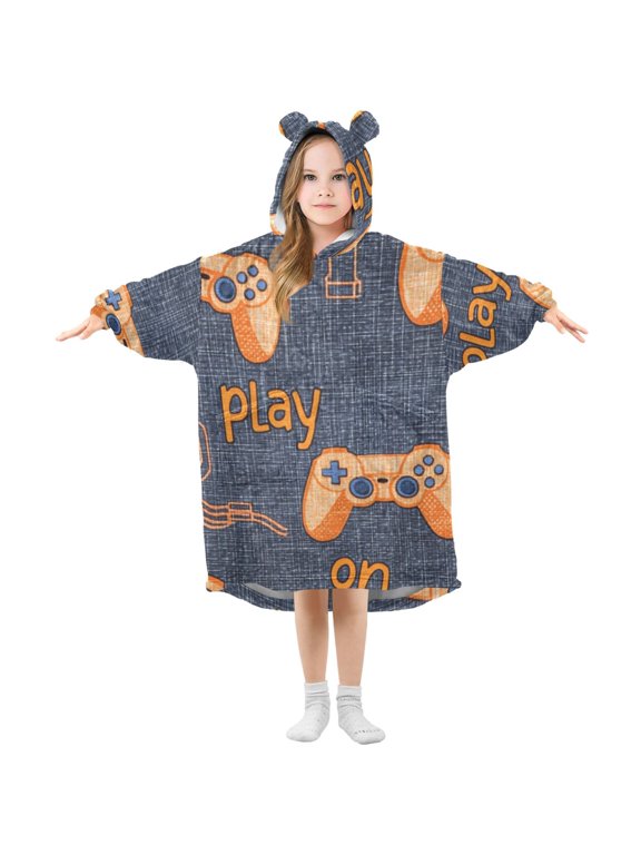 Jean Fabric Cartoon Gamepads Flannel Wearable Blankets Hooded Design Long Sleeves Wrap Unisex for 3T-14Y S