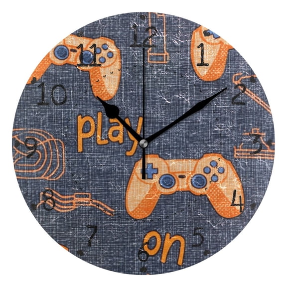 Jean Fabric Cartoon Gamepads Round Wall Clock Silent Analog Battery Operated Black Pointer Home Decor 9.84" Diameter
