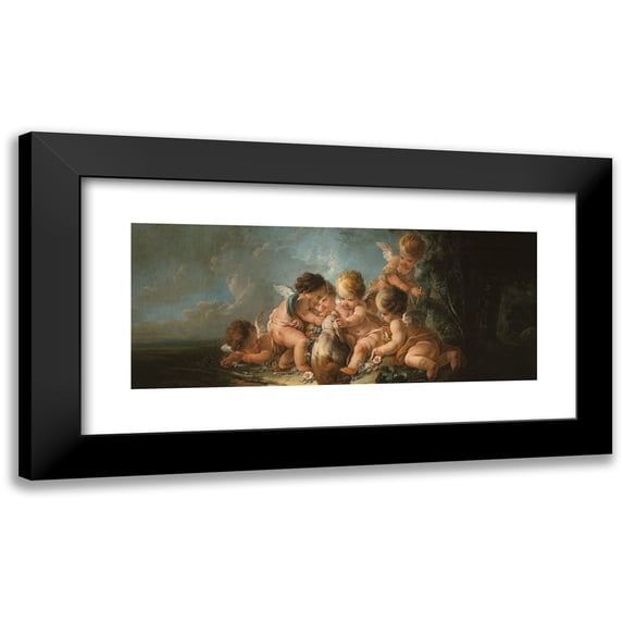 Jean-François Clermont 18x10 Black Modern Framed Museum Art Print Titled - Group of Six Loves Playing with a Dog (1761)