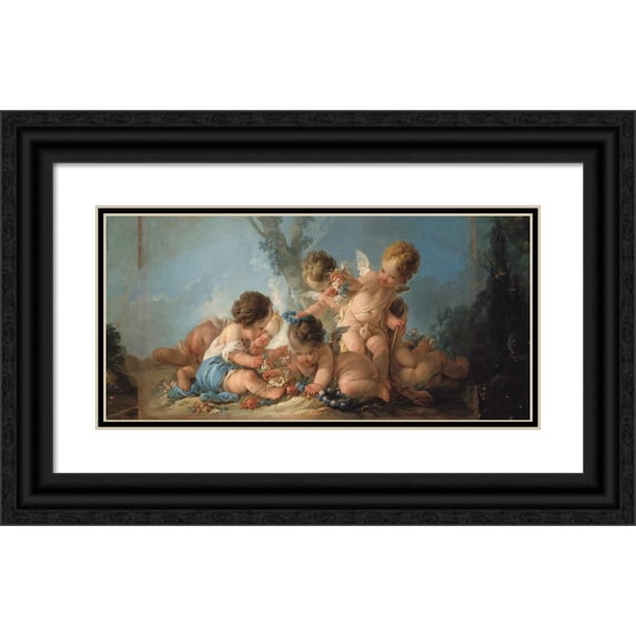 Jean-François Clermont 24x14 Black Ornate Framed Double Matted Museum Art Print Titled: Group of Six Loves Playing with Flowers (1761)