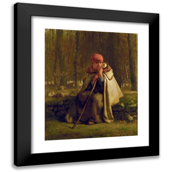 Jean-François Millet 12x14 Black Modern Framed Museum Art Print Titled - Seated Shepherdess (C. 1852)