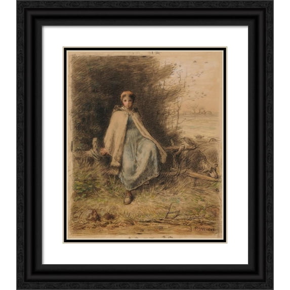 Jean-François Millet 12x14 Black Ornate Wood Framed Double Matted Museum Art Print Titled: Young Shepherdess Sitting on a Barrier (ca 1866)