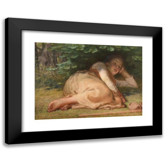 Jean-François Millet 14x11 Black Modern Framed Museum Art Print Titled - Sleeping Shepherdess in the Shade of a Bush of Oaks (1874)
