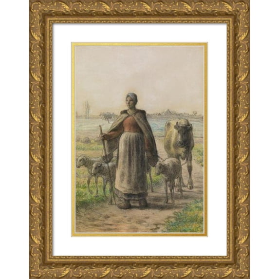 Jean-François Millet 14x18 Gold Ornate Wood Frame and Double Matted Museum Art Print Titled - Peasantan Leading to the Fields of Her Cow and Her Sheep