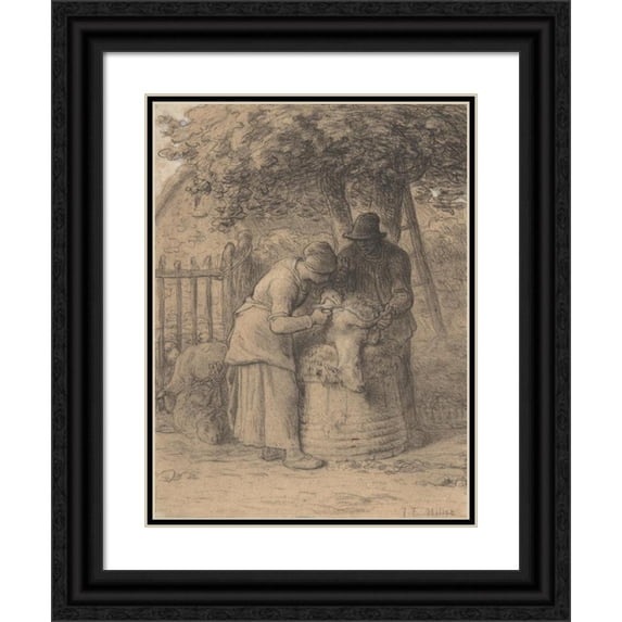Jean-François Millet 15x18 Black Ornate Wood Framed Double Matted Museum Art Print Titled - Sheepshearing Beneath a Tree (ca. 1854)