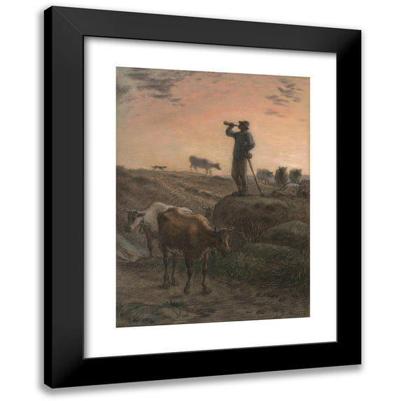Jean-François Millet 18x24 Black Modern Framed Museum Art Print Titled - Calling Home the Cows (C. 1866)