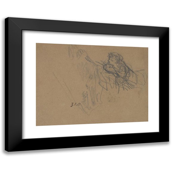 Jean-François Millet 24x19 Black Modern Framed Museum Art Print Titled - Young Boy Reclining on Elbows, Admiring a Shepherdess (ca. 1845-46)