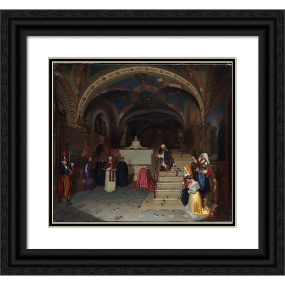 Jean-François Montessuy 13x12 Black Ornate Wood Framed Double Matted Museum Art Print Titled: Pope Gregory XVI Visiting the Church of San Benedetto at Subiaco (1843)