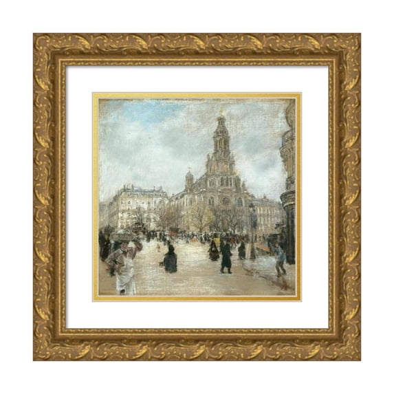Jean François Raffaëlli 12x12 Gold Ornate Wood Frame and Double Matted Museum Art Print Titled - Place De La Trinite, Paris (C. 1886)
