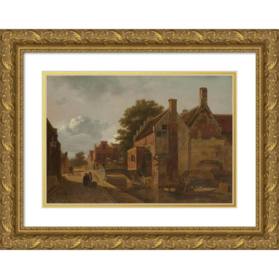 Jean François Valois 18x14 Gold Ornate Wood Frame and Double Matted Museum Art Print Titled - The Kalvermarkt, the Hague (1805 - 1808)