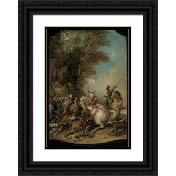 Jean-François de Troy 11x14 Black Ornate Wood Framed Double Matted Museum Art Print Titled: The Lion Hunt (1735)
