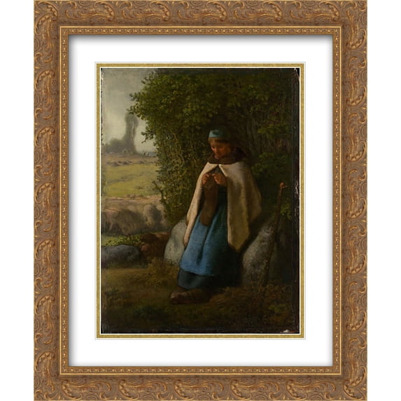 Jean Francois Millet 2x Matted 20x24 Gold Ornate Framed Art Print 'Shepherdess Seated on a Rock'