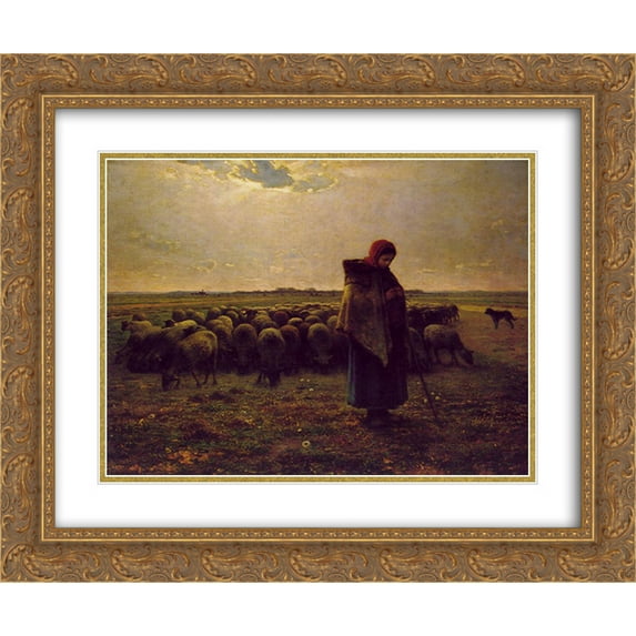 Jean Francois Millet 2x Matted 24x20 Gold Ornate Framed Art Print 'Shepherdess with her flock'