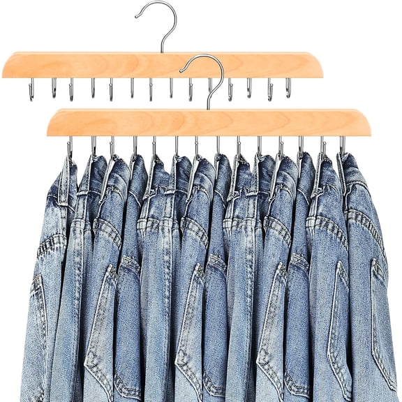 Jean Hangers for Closet, 14 Wood Jeans Hooks Space Saving, 180 Rotating Jean Hangers Holder for Skirts/Shorts/Belts/Ties, Closet Organizers and Storage, Pants Hooks for Jeans, 2 Pack, Natrual