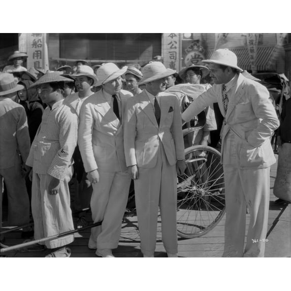Jean Harlow Scene from a Film Three Men standing on a Public Market in White Hat and Linen Tweed Suit Photo Print (8 x 10)