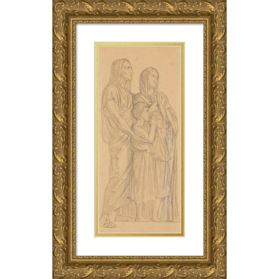 Jean-Hippolyte Flandrin 8x14 Gold Ornate Wood Frame and Double Matted Museum Art Print Titled - Group of Two Women and Two Children