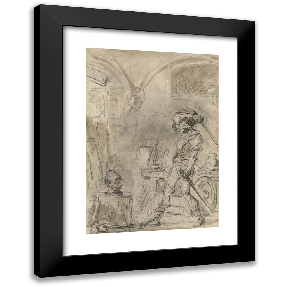 Jean-Honoré Fragonard 11x14 Black Modern Framed Museum Art Print Titled - Don Quixote About to Strike the Helmet (1780s)